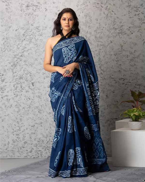 Indigo_Cotton_Dhol_Hblock_Print_Mulmul_Saree_For_Women